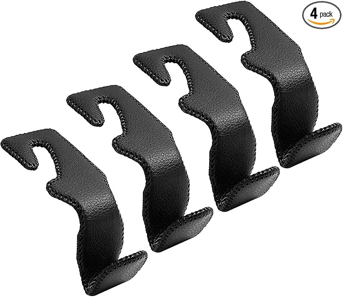 TISOHUGO Car Headrest Hooks for Purses and Bags Vehicle Back Seat Headrest Hanger Matching Cars Interior Genuine Leather Storage Holder Hook, 4 Pack, Black