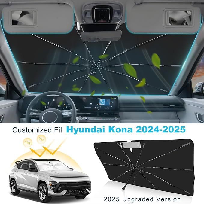 2025 Upgrade Windshield Sun Shade Umbrella Custom Fit for Hyundai Kona 2024-2025 Foldable UV Protection Car Cover, Emergency Rain Shield & Dashboard Protector - Durable Auto Accessory