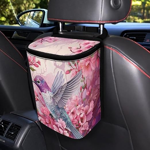 Mini Car Trash Bag Bin Hanging,Hummingbird Vehicle Garbage Bin with Lid,Durable Foldable Car Trash Can Waste Bag for Front Back Seats/Console