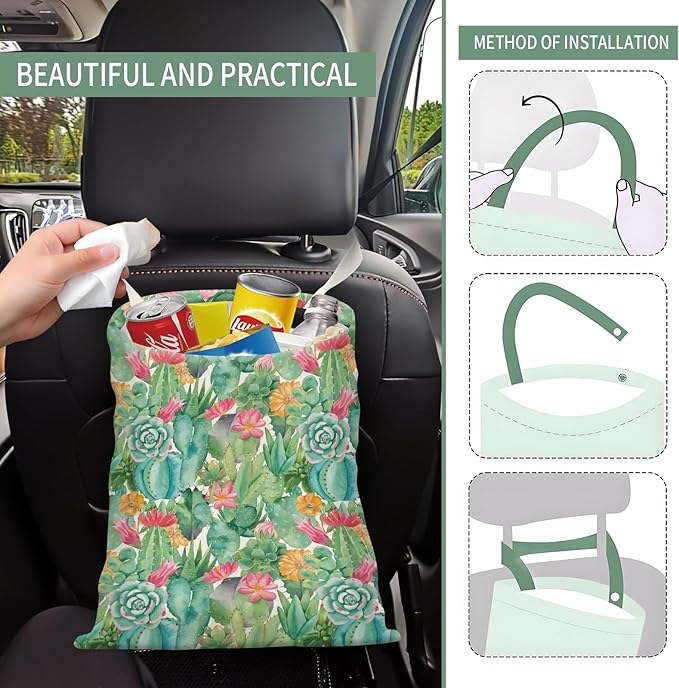 AXZOPDE Cute Car Trash Can, Hanging Canvas Car Back Seat Organizer and Storage Bag, Funny Car Trash Bag for Travelling, Outdoor Cute Green Cactus Flowers