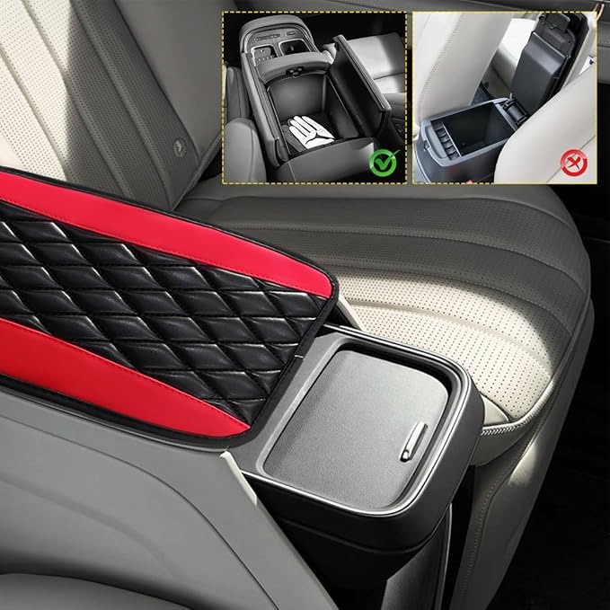 Car Center Console Cushion Pad, 12.6"×7.5" Waterproof Leather Armrest Seat Box Cover Protector, Soft Comfortable Anti-Scratch Arm Rest Console Pad for Most Cars Trucks SUVs (Black & Red)
