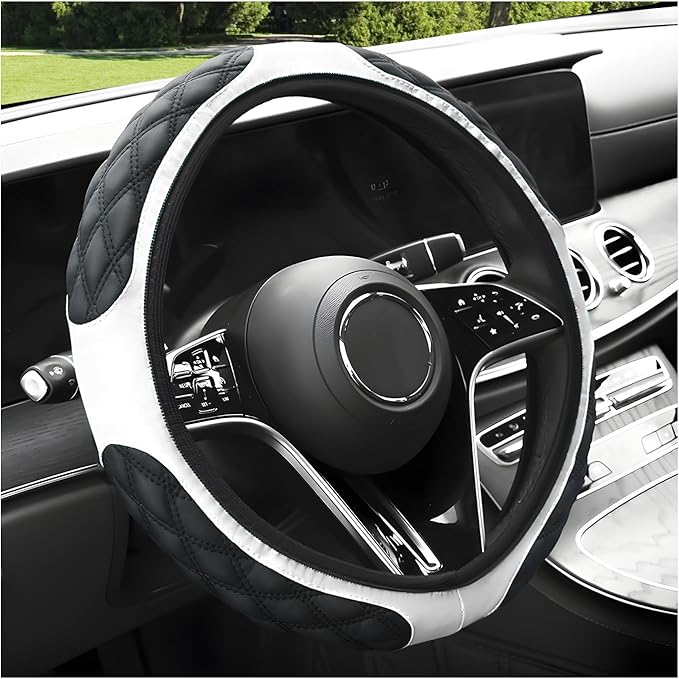 Car Steering Wheel Cover, 15 Inches Non-Slip Leather Car Steering Wheel Protector, Universal Steering Wheel Soft Cover Mats for Car Truck SUV, Interior Car Accessories (White)