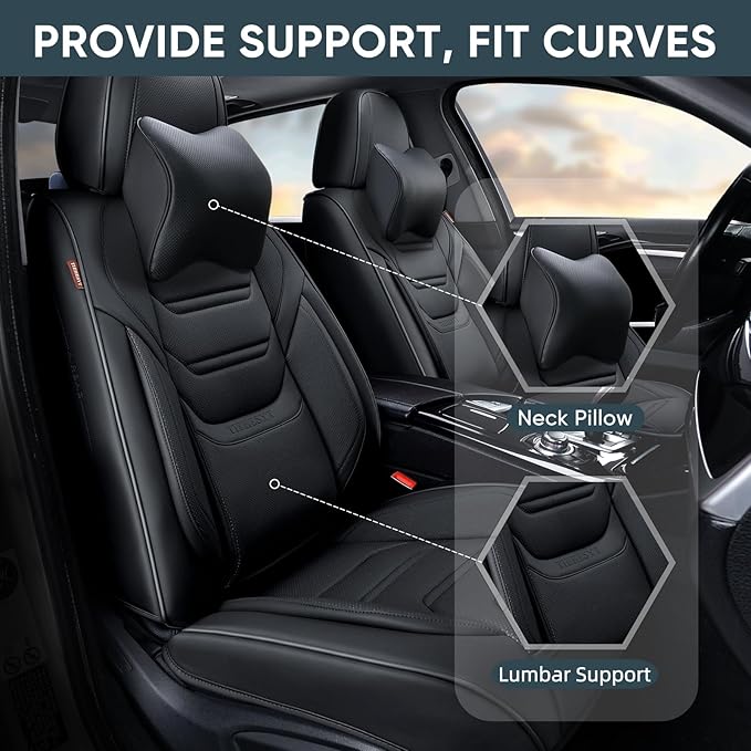 TIEHESYT Black Car Seat Covers Front Pair, Breathable Leather Automotive Front Seat Covers & Headrest for Comfortable Driving, Universal Auto Interior Fit for Most Kinds of Vehicles, SUV, Sedans