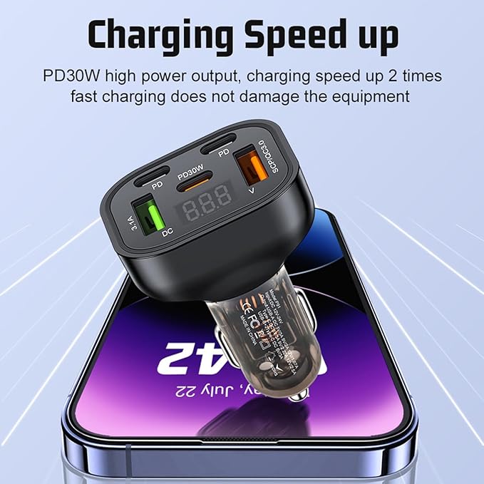 Full PD 30W Multi Port USB C Car Charger Adapter 5 in 1 with Voltage Display, PD4.0/QC4.0/PPS/AFC Super Fast Charging Cigarette Lighter Adapter with Volt Meter for MacBook iPhone Galaxy Android Phones