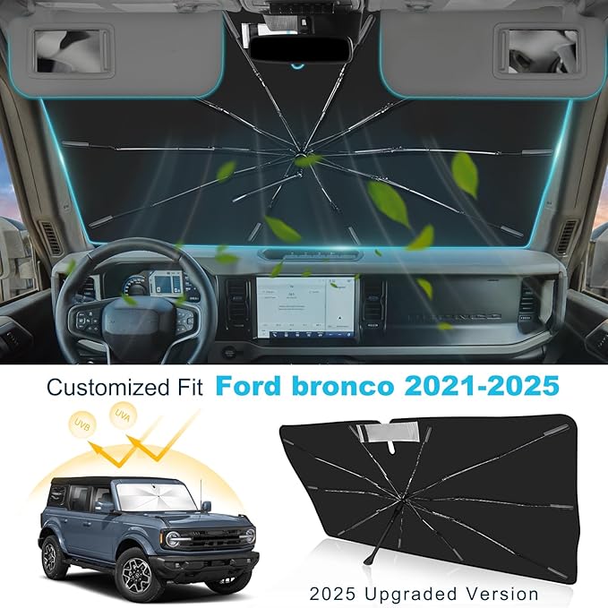 2025 Upgrade Windshield Sun Shade Umbrella Custom Fit for Ford Bronco 2021-2025 Foldable UV Protection Car Cover, Emergency Rain Shield & Dashboard Protector - Durable Auto Accessory