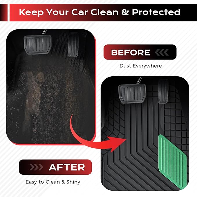 Coverado Car Floor Mats Full Set – Heavy-Duty PVC Floor Mats with Green Metallic Heel Pad, All-Weather Protection for Front & Rear, Non-Slip Backing, Easy-Clean Interior Liners
