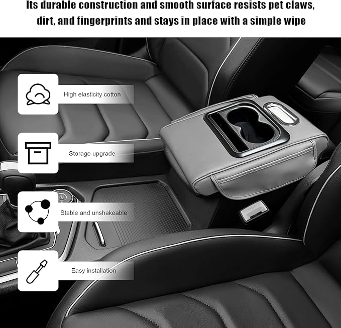Car Center Console Armrest Pillow, Leather Arm Rest Cover Pad with 2 Storage Pockets Cup Holder & Phone Slot, Soft Middle Console Cushion Protector for Most Vehicles (Gray, Normal)