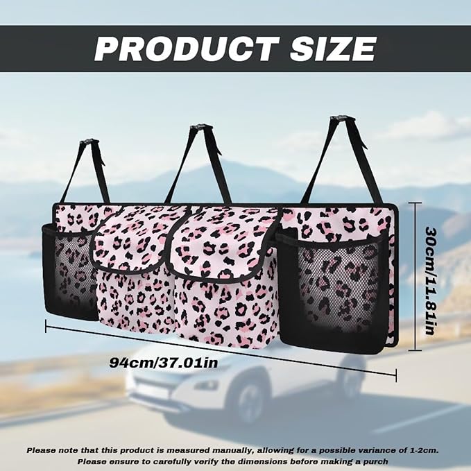 SEANATIVE Pink Leopard Print Car Trunk Organizer, Backseat Hanging Organizer with 4 Pockets, Waterproof Collapsible Cargo Storage Bag, Car Interior Accessories Car Seat Organizer for SUV, Truck