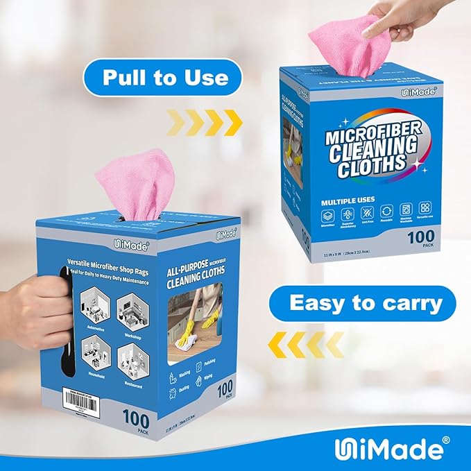 UNIMADE Microfiber Cleaning Cloth, 100 Sheets Microfiber Towels for Cars Commercial Grade Shop Towel Washcloths Lint-Free Bulk Cleaning Rags for Mechanic Restaurant Garage Housekeeping, 11"x 9", Pink
