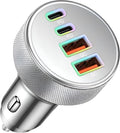 4 in 1 USB C Car Charger, 4-Port 90W PD QC Dual USB C & USB A Vehicle Fast Charging Cigarette Lighter Adapter, Multiport Auto Phone Charge Adapter, Fits 16 15 14 Pro Max Tablet (Silver)