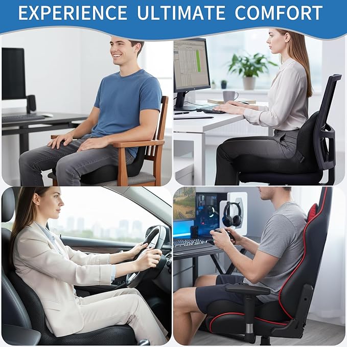 XZdream Memory Foam Seat Cushion,Office Chair Cushion with Lumbar Support for Back Pressure Relief, Car Seat Cushion with Adjustable Strap,Sciatica Pad Cushions for Car,Truck (Black+Mesh Cloth)