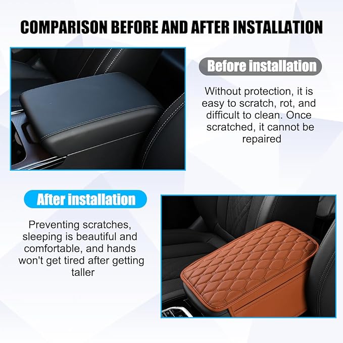 Car Center Console Cover, Leather Vehicle Armrest Cover Cushion with 2 Storage Bags, Automotive Interior Arm Rest Seat Box Pad Accessories, Universal for SUV Sedan Truck (Brown)
