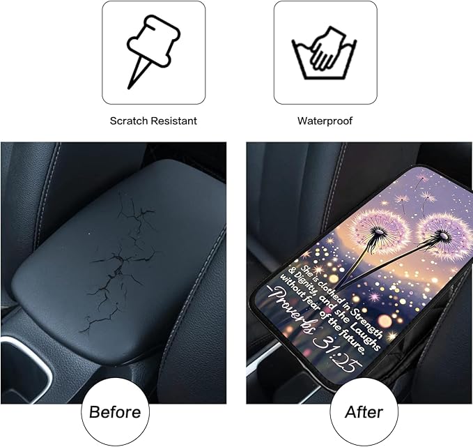 JANENFNA Car Armrest Cover Pads Universal Fashion Cute Auto Center Console Armrest Cover Pad with 2PCS Car Coasters Soft Waterproof Car Armrest Seat Protector for Women,Proverbs 31:25 Dandelion