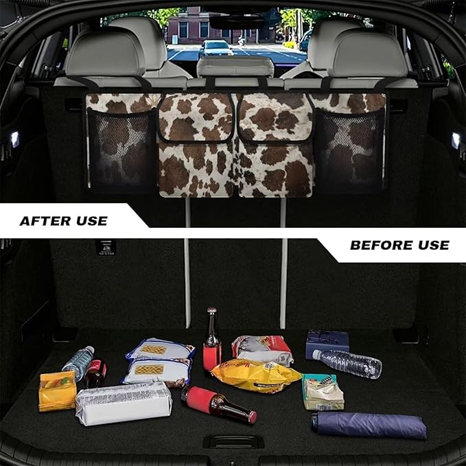 SEANATIVE Brown Cow Car Trunk Organizer, Backseat Hanging Storage with 4 Large Pockets, Collapsible Cargo Bag with Adjustable Straps Frees Trunk Floor, Suit for SUV, Truck, Van