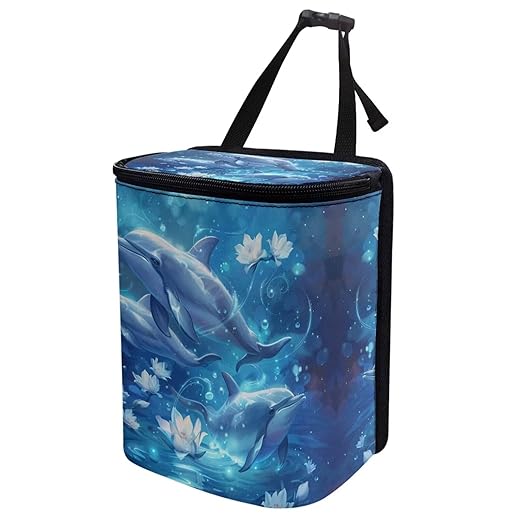 DISNIMO Floral Dolphin Car Trash Can with Lid Leakproof Dustbin Vehicle Trash Bin, Portable Garbage Bin for Automotive Car, Home, Office, Kitchen, Bedroom