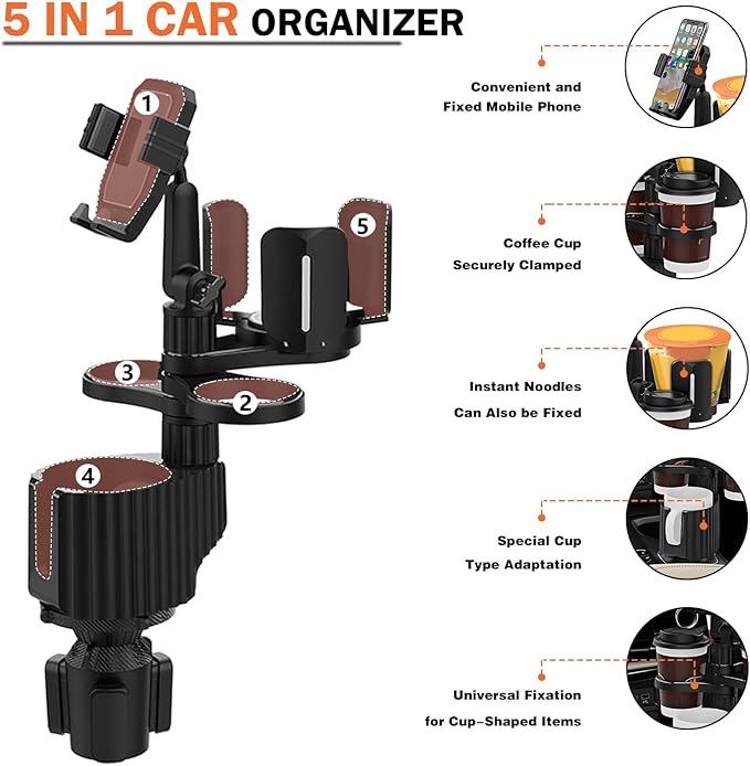 Car Cup Holder Expander， 5in1 Cupholder Expande with 2.3" to 3.6",Cup Holder Tray for Car Detachable with Large Food Tray Phone Mount, for Travel Auto Trucker Road Trip Essentials