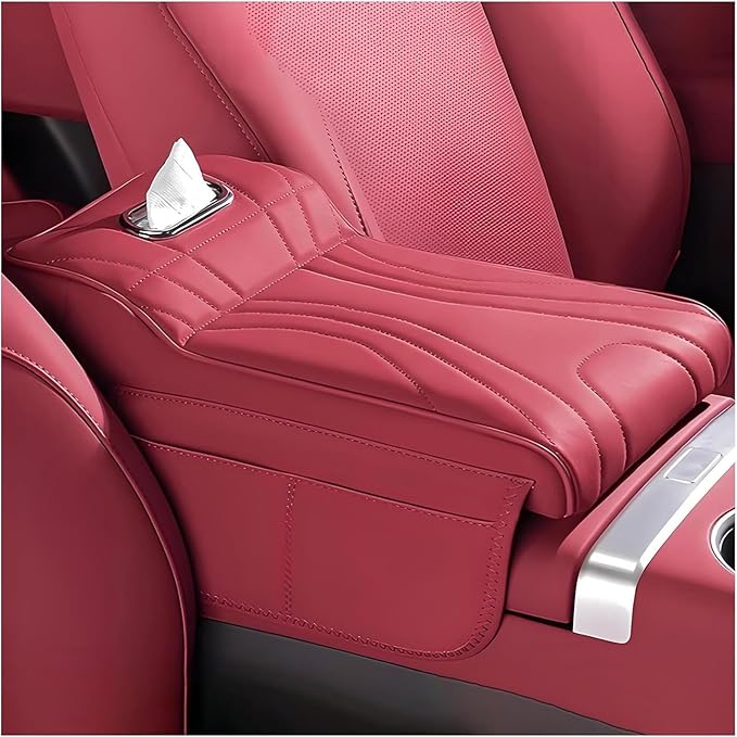 Car Center Console Cover for Honda Pilot 2023 2024 2025, Memory Foam Arm Rest Cushion Pad Waterproof Non-Slip Universal Interior Accessories with Pocket and Tissue Box,Red