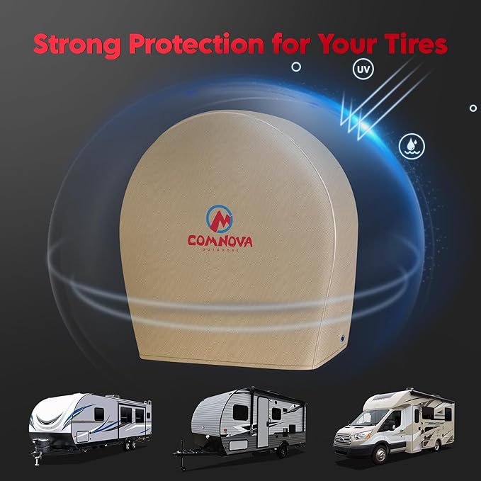 RV Tire Covers 4 Pack, Tough Tire Wheel Protector for Truck, SUV, Travel Trailer, Camper, Van, PU Oxford Waterproof Sun Rain Snow Protector Cover, Fits Tire Diameters 30-32 inch, Beige