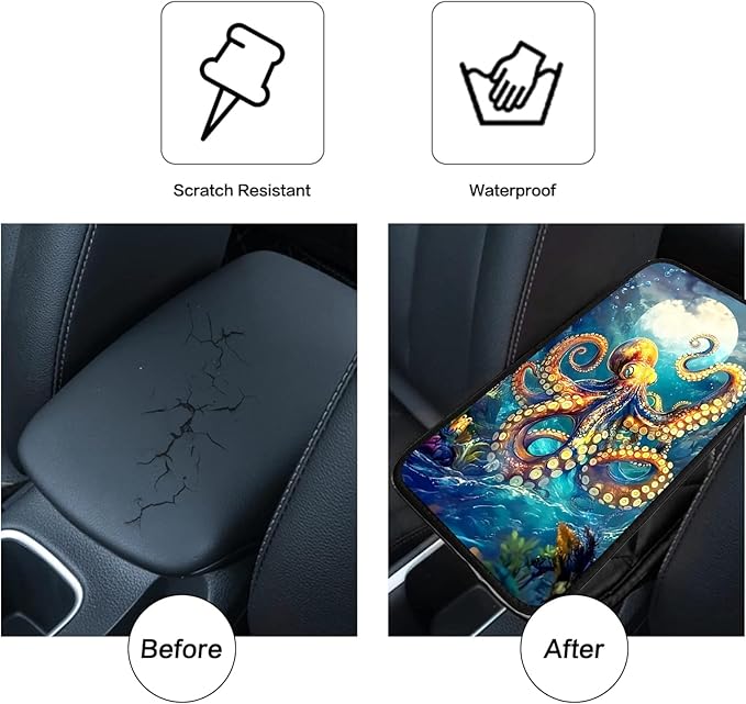 JANENFNA Car Armrest Cover Pads Universal Fashion Cute Auto Center Console Armrest Cover Pad with 2PCS Car Coasters Soft Waterproof Car Armrest Seat Protector for Women,Fierce Octopus