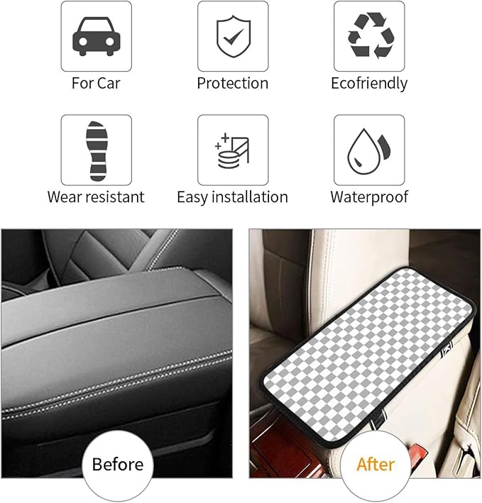 Gray and White Checkered Chessboard Car Armrest Pad Cute Cars Center Console Cover Auto Handrail Box Cushion Armrests Cover