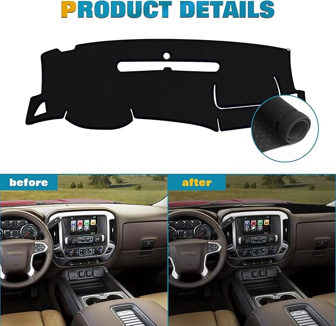 x xotic tech Center Console Dashboard Mat Pre-Cut Non-Slip Sunshield Sun Glare Protector Dash Carpet Pad Black Cover Compatible with Chevrolet Silverado or GMC Sierra 2007-2013,w/Two Golve Box-Type C