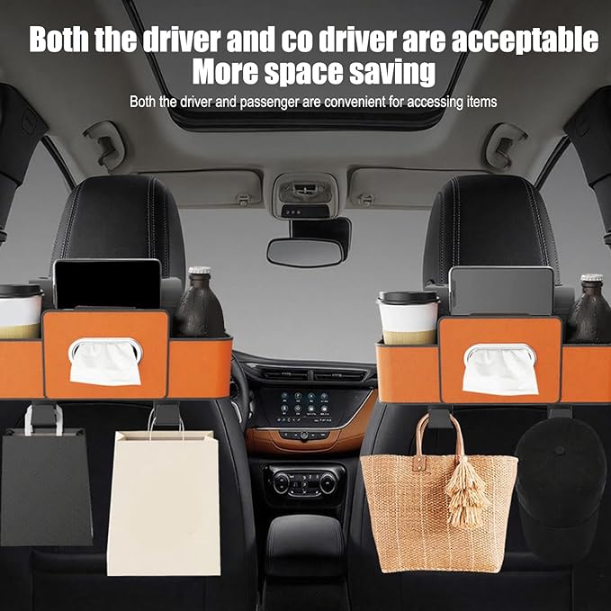 Car Back Seat Organizer with Hooks & Tissue Dispenser – Faux Leather Storage Box with Cup Holders, Multi-Compartment for Sunglasses & Chargers, Compatible with Most Seat Brown 1pc