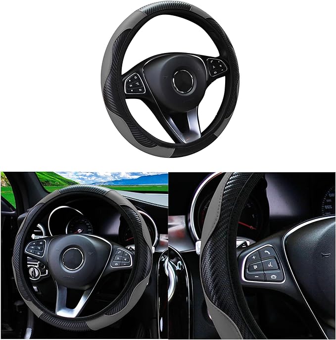 Car Steering Wheel Cover, 15 inch Carbon Fiber Microfiber PU Leather Elastic Steering Wheel Protector for Men Women, Anti-Slip Breathable Car Interior Accessories for Most Cars (Gray)