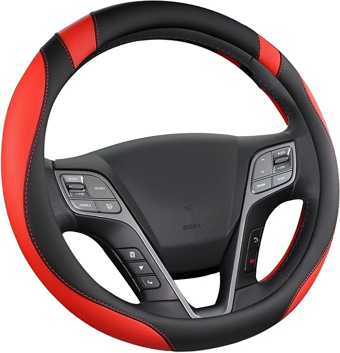 West Llama Customized Auto Car Steering Wheel Cover for Hyundai,Tucson,Sonata,Elantra,Santa Fe,Genesis,Sonata Hybrid,Azera,Venue,Kona, 14.5-15 inches(Black+Red - Standard Size)