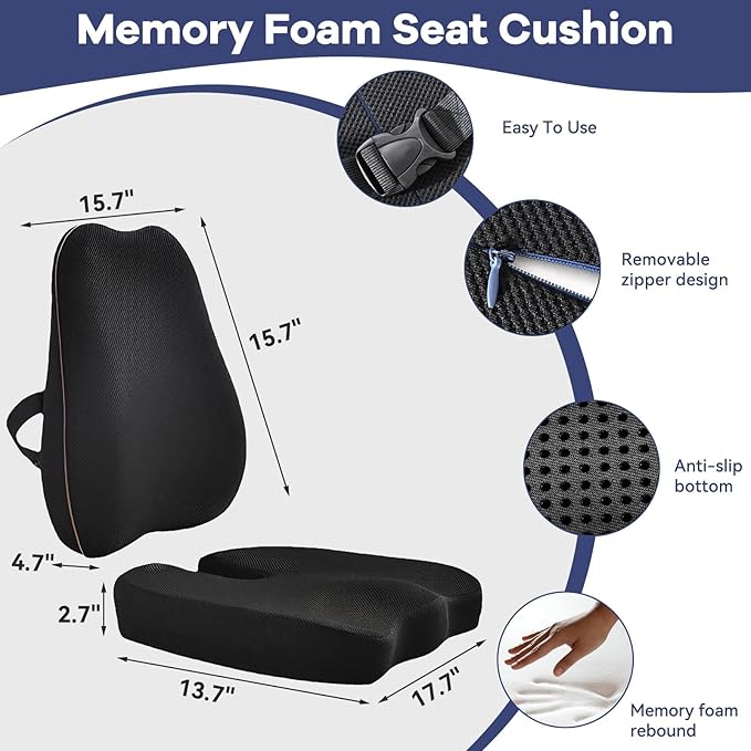 Car Seat Cushion with Lumbar Support for Long Drives – 3D Breathable Mesh Memory Foam Pad, Non-Slip Truck Seat Cushion with Adjustable Strap, Lower Back Support for Car, Office, Gaming Chair, Black