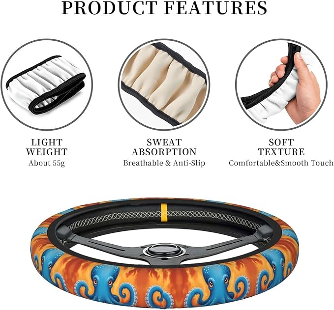 Octopus Ink Art Universal Fit Steering Wheel Cover for Car, Truck, and SUV, Durable Steering Wheel Protection