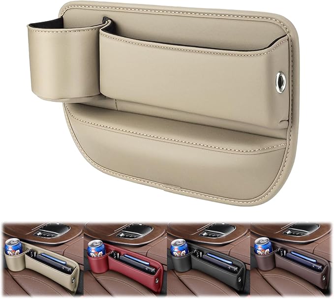 Peticehi Car Leather Cup Holder Gap Bag, No Logo Leather Car Seat Storage Box with Water Cup Holder, Car Seat Gap Filler Organizer (for Driver's seat,Beige)