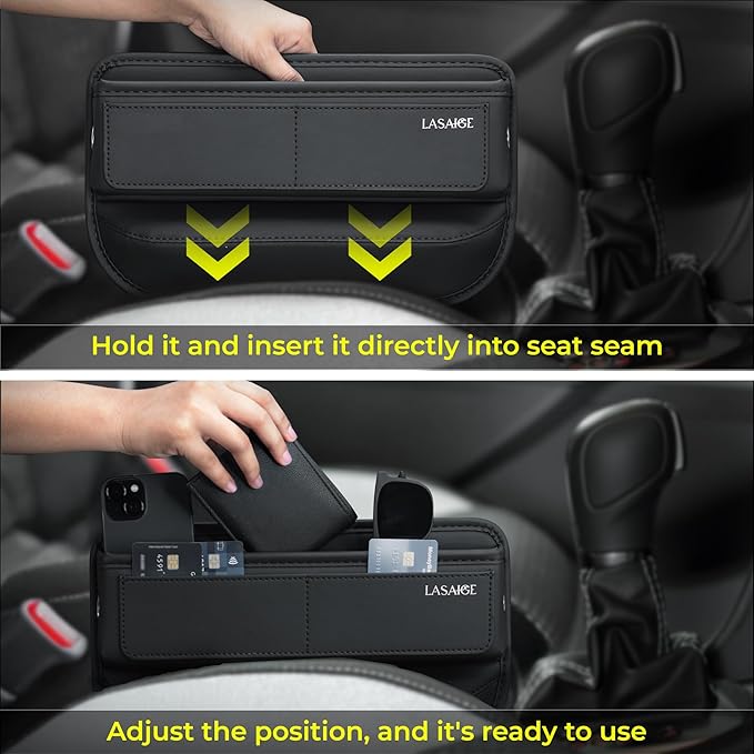 Car Seat Gap Filler Organizer (Black) -Soft PU Leather Car Seat Gap Filler Organizer - Gap Filler For Car w/Pockets & Large Compartment - Slip-Resistant Between Seat and Center Console