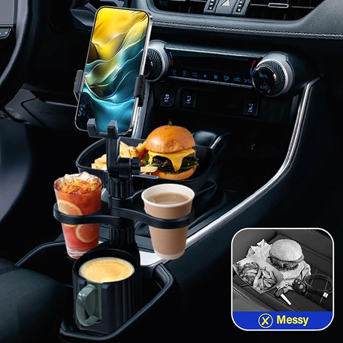 Car Cup Holder Tray - Adjustable Car Cup Holder Phone Mount with Food Tray 5 in 1 Swivel Expander for All Purpose, Automotive Extender Accessories Gifts for Auto Trucker Road Trip
