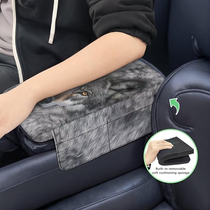 Dreaweet Car Center Console Cover with Pockets Grey Wolf Car Accessories for Women Men Thick Arm Rest Cover for Car SUV Truck Non Slip Comfortable Car Armrest Cushion Cover Pad