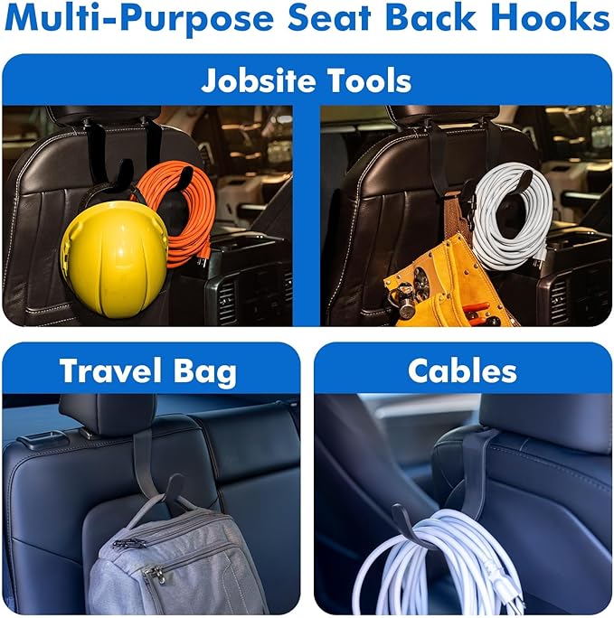 Travel Depot XL Headrest Hooks for Car, Heavy-Duty Car Seat Hooks for Backseat Purses, Bags & Groceries, Universal Headrest Organizer, Hard Hat Hanger for Truck, 4Pack
