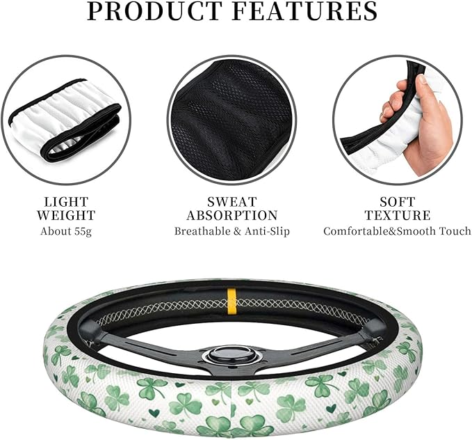 Cute Watercolor Shamrocks Steering Wheel Cover for Women Men Girls, Accessories Decor Thickened Anti-Slip Auto Steering Wheel Covers Protector Universal Fit 15 Inch for Cars, Truck, SUV