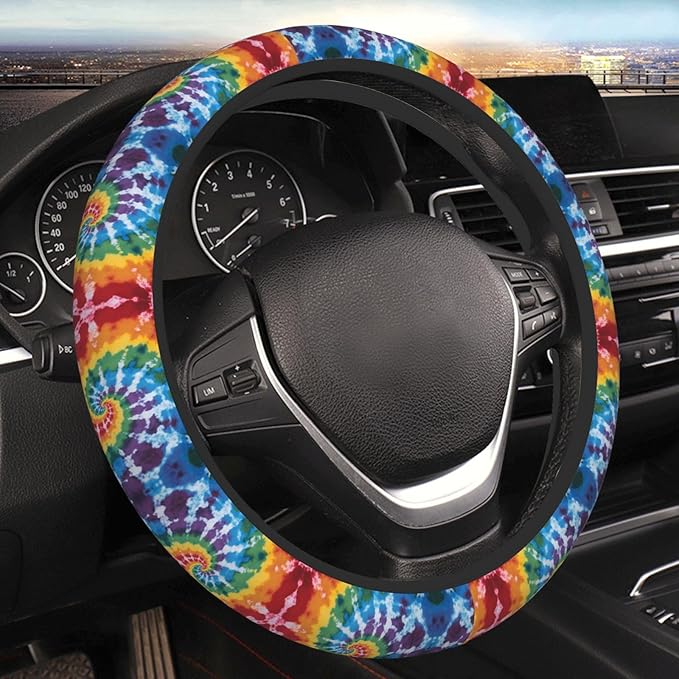 Tie Dye Print Car Steering Wheel Cover, 15 Inch Steering Wheel Cover Stylish Decor for Most Cars