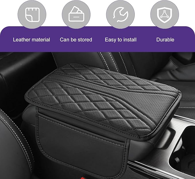 Cuymoap Car Armrest Cushion, Breathable Support Cover for Enhanced Elbow Comfort, Waterproof Anti-scratch Center Console Protector with Side Storage Pocket, Universal Slip-on Design for Car (Black)