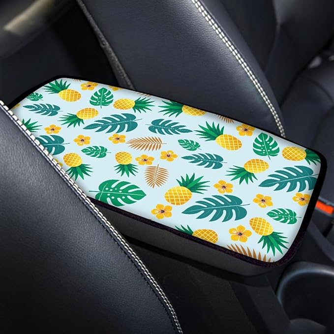 Monstera Leaf Auto Armrest Seat Box Cover Dust-Proof Car Center Console Armrest Cushion Cover Pad Protector Decorative Hawaii Fruit Car Accessories for Auto Vehicles SUV
