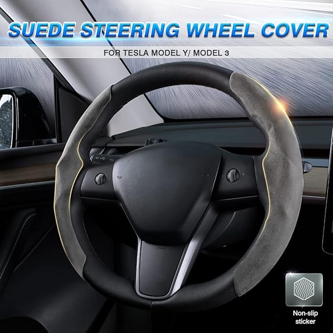 Shademax Custom-Fit for Tesla Steering Wheel Cover, Tesla Model Y / 3 2017-2025 2026 (Fit Model Y Juniper 2026/ Model 3 Highland) Suede Steering Wheel Cover Protector Model Y/ 3 Accessories (Gray)