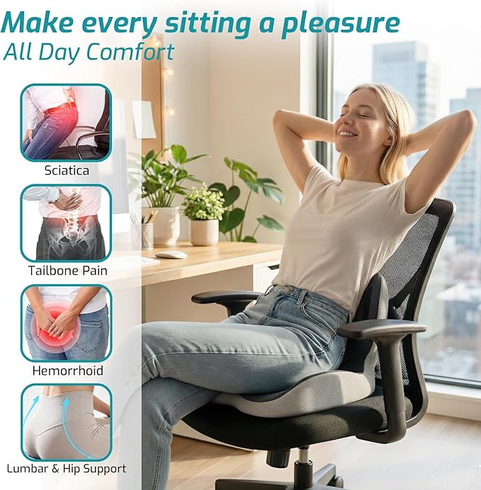 Memory Foam Seat Cushion with Lumbar Support Pillow,Office Chair Cushion,Ergonomic Car Seat Cushion,Designed for Tailbone,Sciatica,Back Pain Relief,for Office,Car,Truck,Desk Chair (Black Grey)