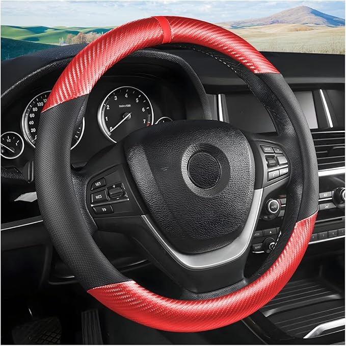 Moly Magnolia Steering Wheel Cover, Carbon Fiber Breathable Microfiber Leather with Non-Slip Lining, Cool in Summer Warm in Winter for Men Women, Universal 15 Inch for Most Cars (Carbon Fiber Red)