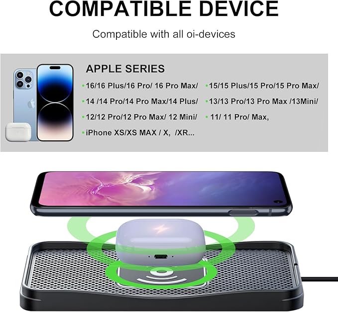 Car Wireless Charger Pad, 15W Fast Wireless Car Charger, Non-Slip Phone Charger Compatible with iPhone 16/15/14/13/12, Samsung S25–S9, Android Phones ﻿