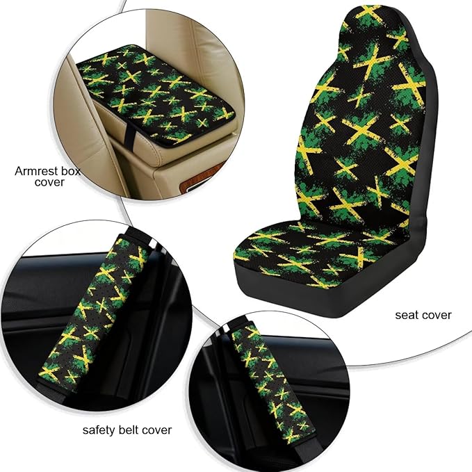 FUSURIRE Jamaica Flag 5 Pcs PU Front Seat Covers, Seat Belt Covers & Center Armrest Pad for Car SUV Truck Car Interior Accessories