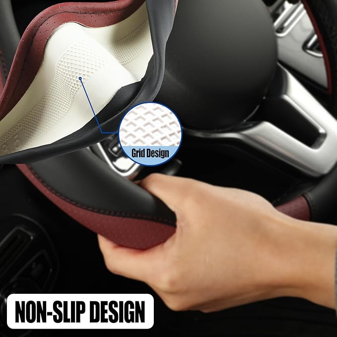 Binsheo Microfiber Leather D Shaped Steering Wheel Cover, Breathable, Anti Slip, Universal 15 inch, Black with Burgundy