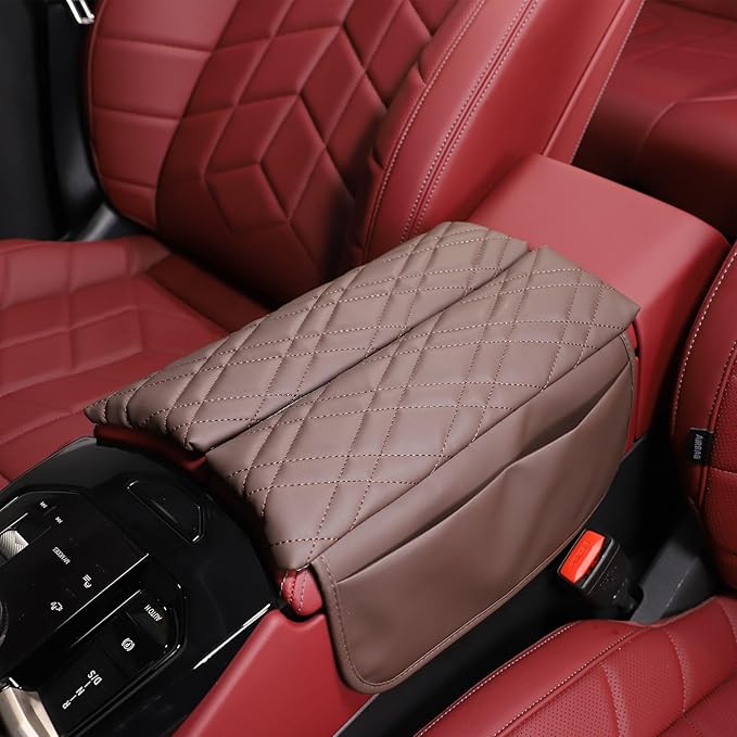Car Center Console Cover Compatible with BMW 5 Series G60 2024 Sedan,Center Seat Armrest Cover Pad Leather Cushion Anti-Scratch Protector with Side Mobile Phone Storage Pockets 2PCS (Coffee Color)