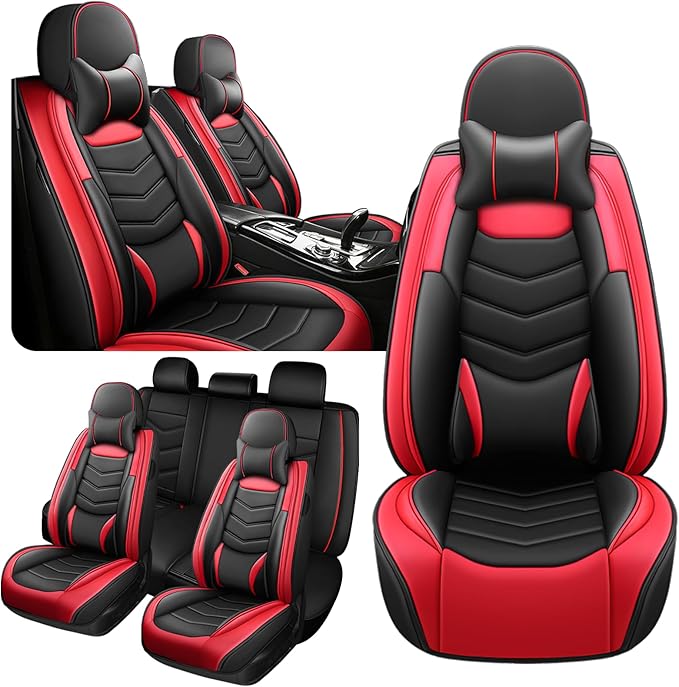 Car Seat Covers Fit for Chevy Trax 2015-2025, Side Airbag Compatibility, 3D Lumbar Support and Seamless Fit, Easy to Clean Sports Seat CoverFull Set with Pillow, Black Red