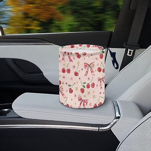 Brosoneto Car Trash Can Pink Cherry Bow Collapsible Portable Small Car Garbage Bin for Front Seat, Back Seat, Floor, Headrest Rubbish Bin Universal for SUV Trucks