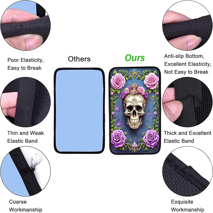 JANENFNA Car Armrest Cover Pads Universal Fashion Cute Auto Center Console Armrest Cover Pad with 2PCS Car Coasters Soft Waterproof Car Armrest Seat Protector for Women,Skull with Pink Roses