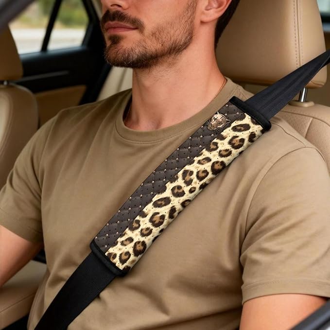 Qeluxign 5 Piece Car Seat Covers Full Set for Men Women PU Leather Front Seats Cover Auto Seatbelt Shoulder Pads Vehicle Center Console Armrest Cover,Leopard Print Panther Head